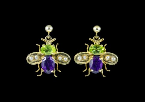 Suffragette Insect Bee Earrings Peridot Amethyst Pearls front view