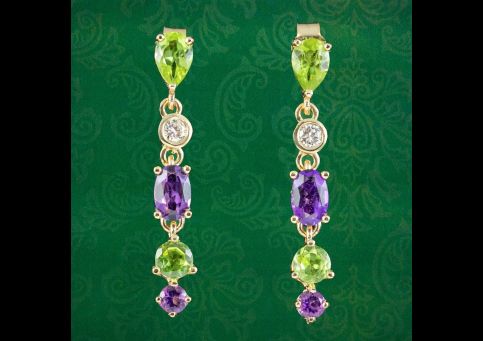 Suffragette Long Earrings Amethyst Peridot Diamond 9ct White Gold front view