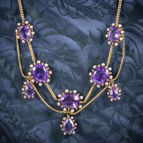 ANTIQUE VICTORIAN AMETHYST PEARL GARLAND NECKLACE 18CT GOLD CIRCA 1860